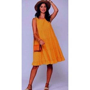 New Gigio Size M Goldenrod Swiss Dot Tiered Round Neck Sleeveless Dress